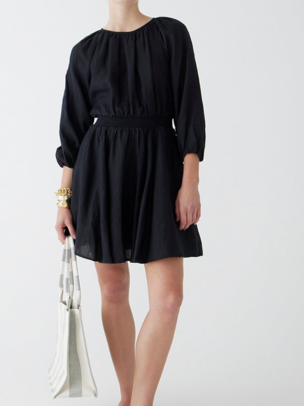 NWT J. CREW POLERMO Smocked Waist 100% Linen Black Mini Dress sz XS BP855